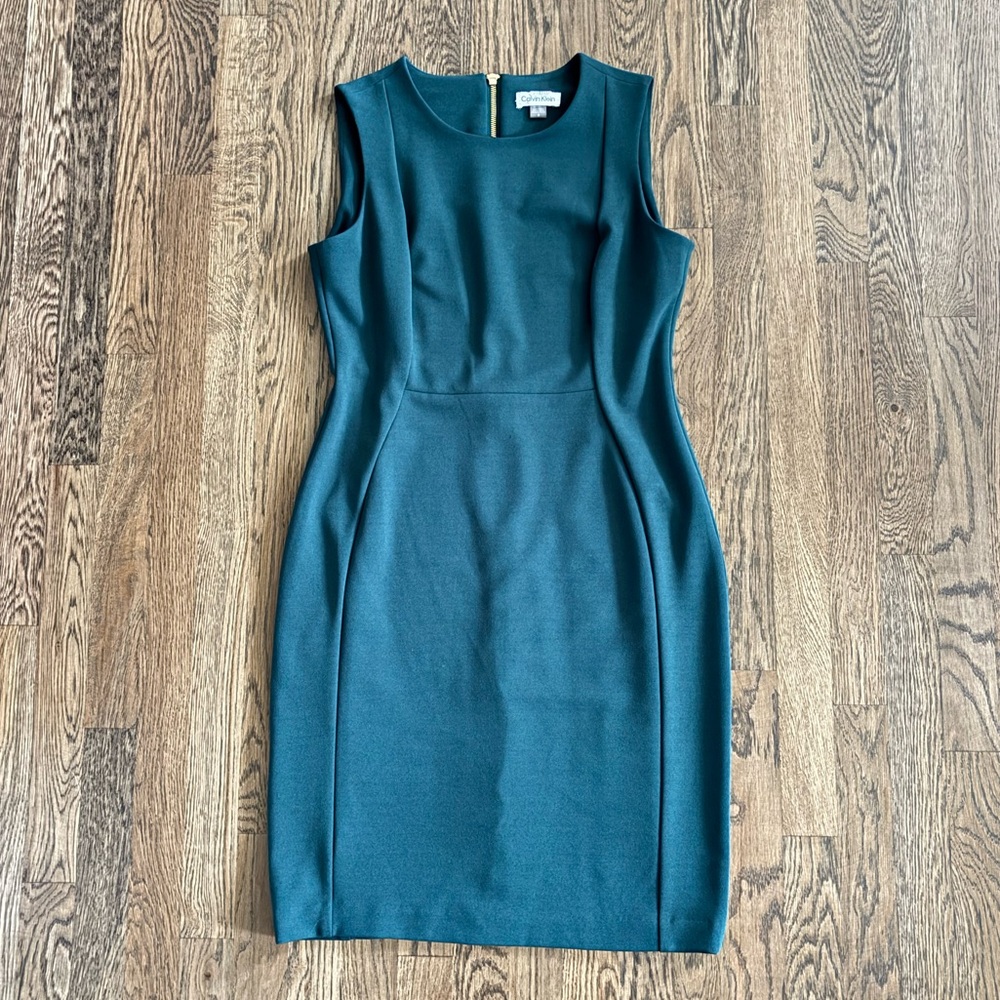 Calvin Klein Sleeveless Sheath Dress with Gold Zipper, Teal Green